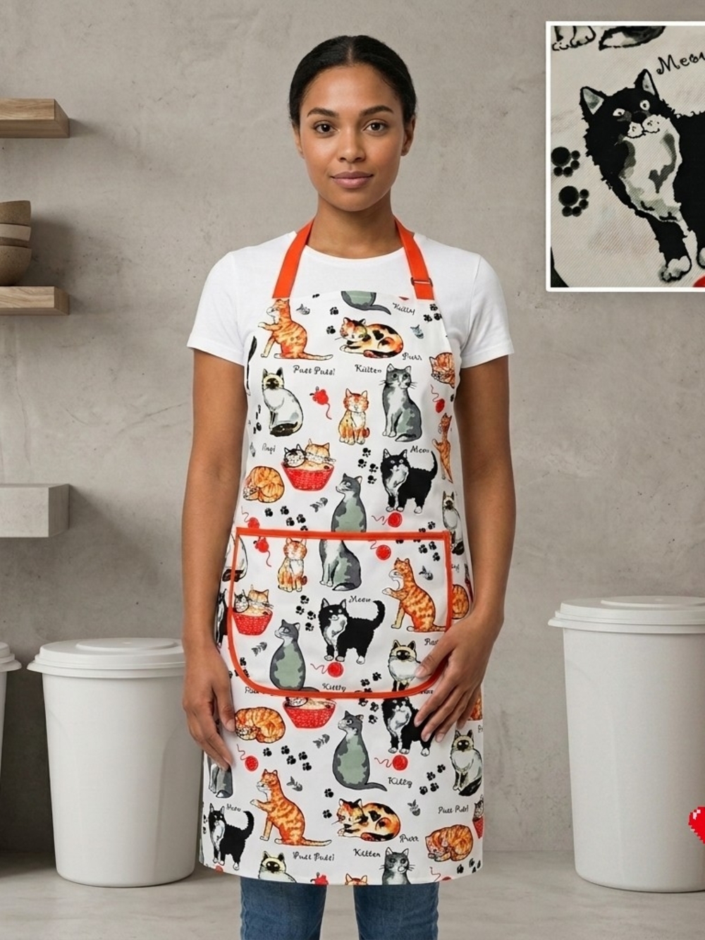 CAT LOVER Novelty Kitchen Apron Front Pocket Red Trim All Over Kitten Print - Picture 9 of 10